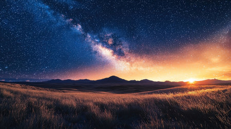 Panoramic view of a beautiful starry night sky with a milky way over the mountains.の素材
