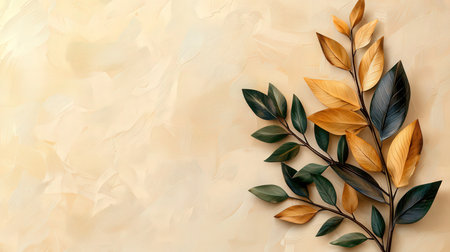 Creative layout made of autumn leaves on beige background. Flat lay, top view, copy spaceの素材