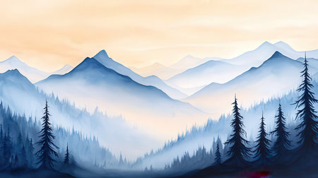Mountain landscape with fir trees and blue sky. Vector illustration.の素材