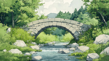 Stone bridge in the forest. Vector illustration of a stone bridge.の素材