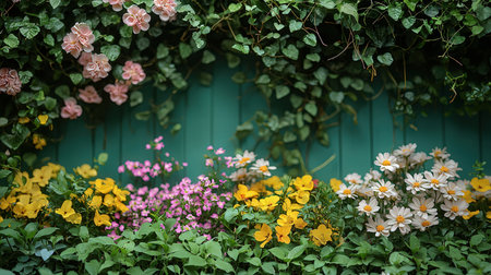 Colorful flowers in front of green wooden fence, with copy spaceの素材