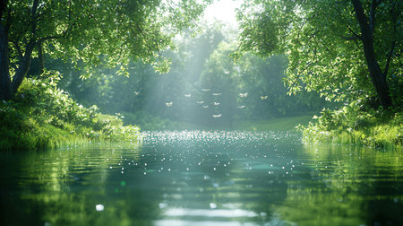 beautiful summer landscape with river and green trees in the morning lightの素材