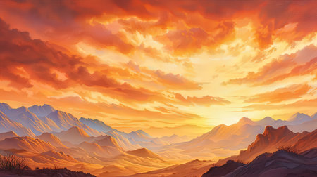 Beautiful sunset in the mountains. Digital painting. 3D renderingの素材