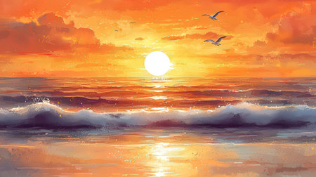 Sunset over the sea with seagulls. Vector illustration.の素材