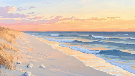 Baltic sea shore with sand dunes at sunset. Digital painting.の素材