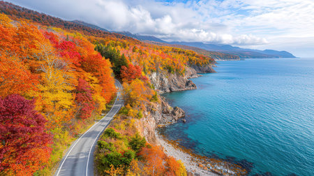 Beautiful autumn landscape of sea and mountain with road in Japan.の素材