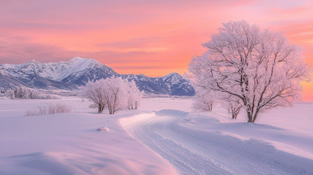 Beautiful winter landscape with snow covered trees and mountains at sunset.の素材