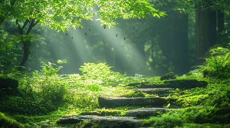 Pathway in the green forest with sunbeams and lens flareの素材