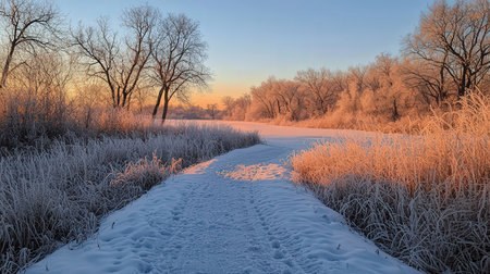 Winter landscape. Path through the frosty meadow at sunset.の素材
