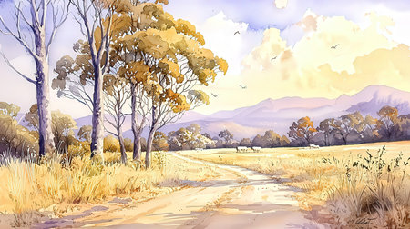 Autumn rural landscape with road and trees. Digital watercolor painting.の素材