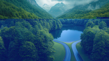 Beautiful landscape with mountain lake and forest. 3d render.の素材
