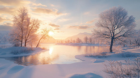 Winter landscape with trees and lake at sunset. Beautiful nature background.の素材