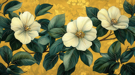 Seamless pattern with white flowers and leaves on yellow background.の素材