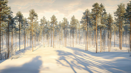 Winter landscape with pine trees and snow on the ground. 3d renderの素材