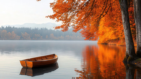 Wooden boat on the lake in the autumn forest at sunset.の素材