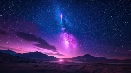 Fantasy alien planet. Mountain and starry sky. 3d renderingの素材