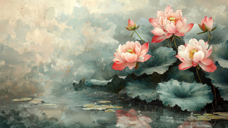 Beautiful lotus flower in the pond. Watercolor painting.の素材