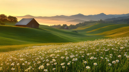 Sunset in Tuscany, Italy. Rural landscape with daisies and barnの素材