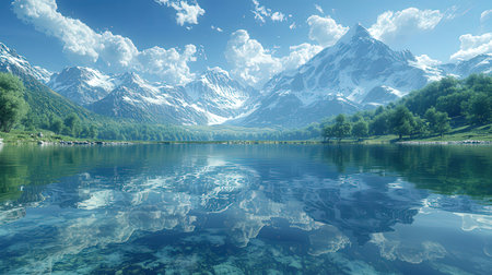 Beautiful alpine landscape with lake and mountains reflected in water.の素材