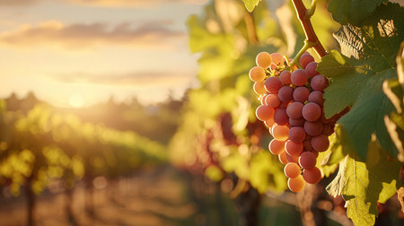 Ripe red grapes on vineyards at sunset, Tuscany, Italyの素材