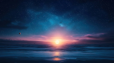 Sunset over the sea with stars and moon. 3d renderingの素材