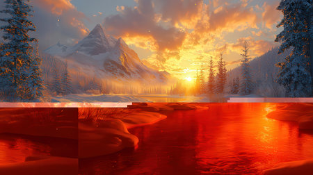 Fantasy landscape with mountain lake and forest at sunset. 3d renderの素材