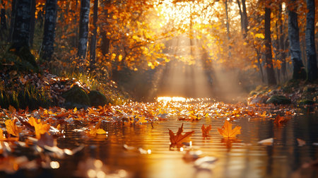 autumn leaves on the water in the forest at sunset, nature seriesの素材