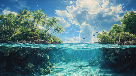 Underwater view of tropical island with palm trees and turquoise seaの素材