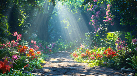 Pathway through the beautiful tropical garden with flowers and sunlight in the morningの素材