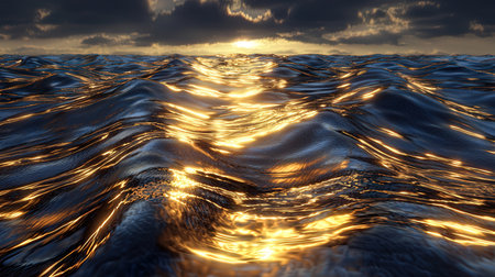 3D render of a stormy sea at sunset with golden reflectionsの素材