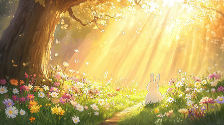 Beautiful spring landscape with grass, flowers and a white rabbit.の素材