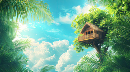 Wooden house on palm tree with blue sky background. 3d renderingの素材