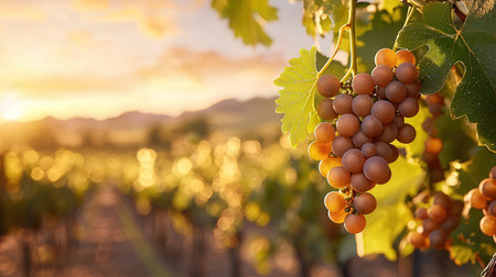 Bunch of ripe grapes on vineyard in sunset light, closeupの素材