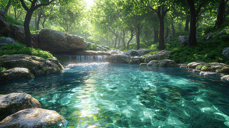 Beautiful landscape with mountain river and green forest in a summer dayの素材