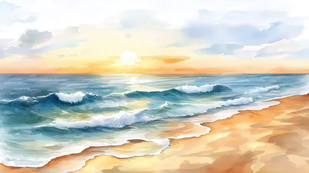Beautiful seascape. Watercolor illustration for your design.の素材