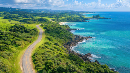 Aerial view of a road leading to the Pacific Ocean in New Zealandの素材
