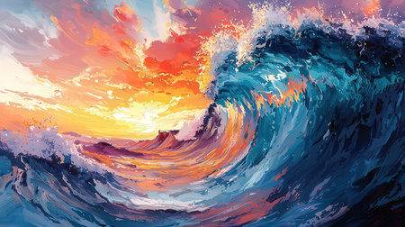 Beautiful ocean wave at sunset. Vector illustration. EPS10.の素材