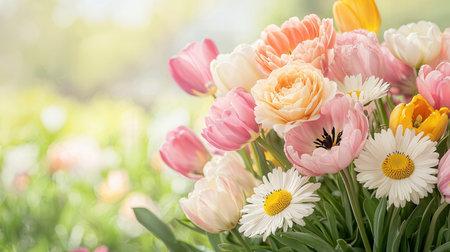 Beautiful tulips and daisies bouquet in the gardenの素材
