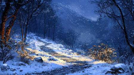 Winter landscape with snow-covered road in the forest. Digital painting.の素材