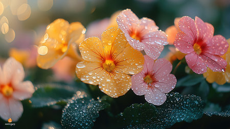 Beautiful colorful primula flowers with dew drops in the morning.の素材