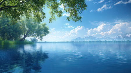 Beautiful landscape with lake and mountains reflected in water, 3d renderの素材