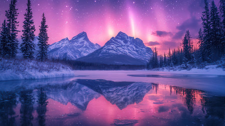 Magical Aurora Borealis over mountain lake in winter, Canadian Rockiesの素材