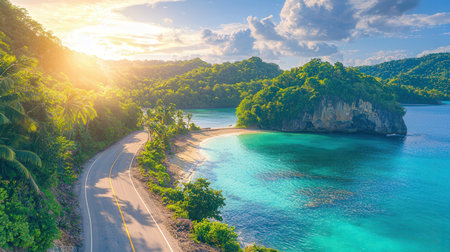 Aerial view of beautiful tropical beach with turquoise water, white sand, palm trees and blue sky at sunsetの素材