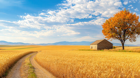 Country road through wheat field and old house in the background. Autumn landscape.の素材
