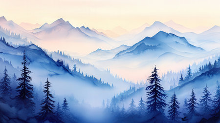 Foggy winter landscape with fir trees and mountains. 3d illustrationの素材