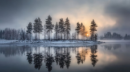 Foggy winter landscape with frozen lake and pines in the foregroundの素材