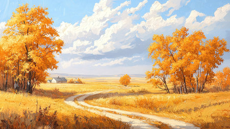 Autumn rural landscape with road in the field. Digital painting.の素材
