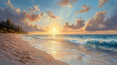 Beautiful seascape at sunset. 3d rendering illustration.の素材