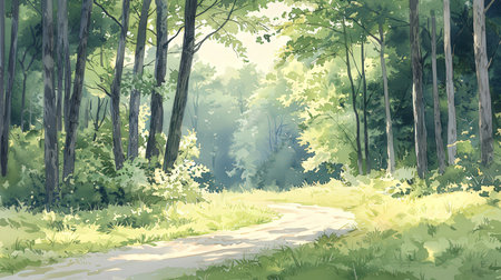 Beautiful summer forest landscape with green trees and path, vector illustrationの素材