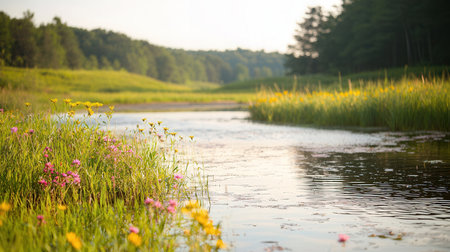 Wildflowers along the shore of a lake at sunset in summerの素材